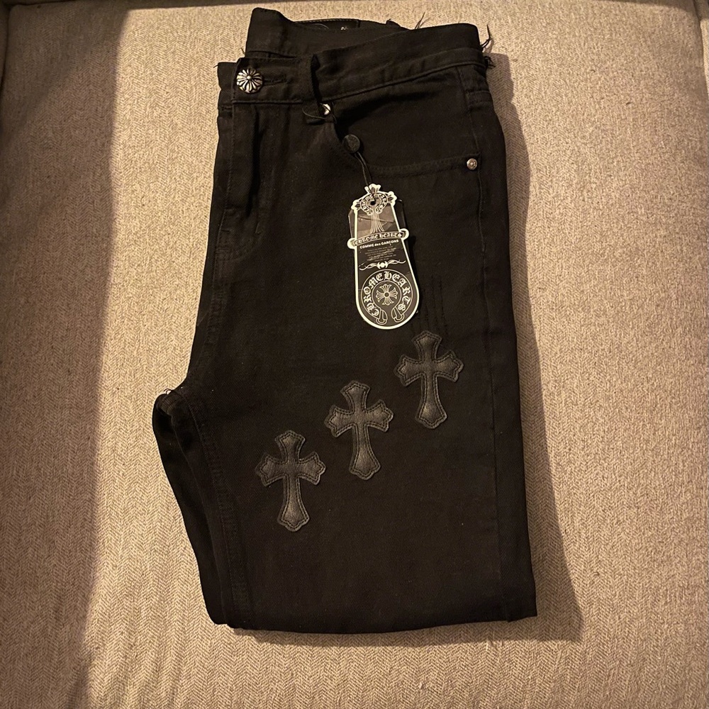 Chrome Hearts Black Denim Jeans Leather Cross Patches